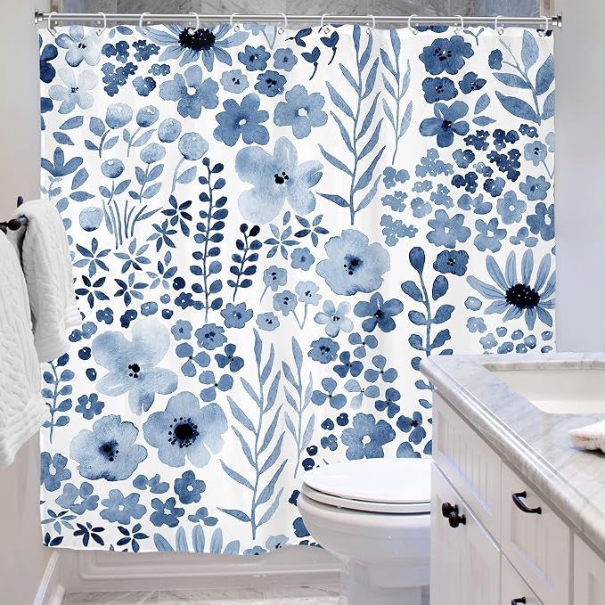 Navy Blue Floral Wildflower Watercolor Flower Bathroom Shower Curtain Set | 72"W x 72"H Leaves Botanical; waterproof HD print, quick-dry fabric with 12 hooks for easy hanging.