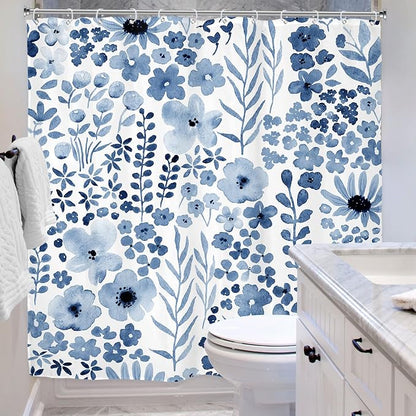 Navy Blue Floral Wildflower Watercolor Flower Bathroom Shower Curtain Set | 72"W x 72"H Leaves Botanical; waterproof HD print, quick-dry fabric with 12 hooks for easy hanging.