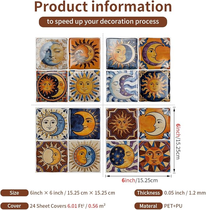 24PCS Sun Moon Talavera Style Tile Stickers 6x6in | Peel and Stick Waterproof Backsplash Tiles for Kitchen Bathroom DIY Decor