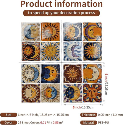 24PCS Sun Moon Talavera Style Tile Stickers 6x6in | Peel and Stick Waterproof Backsplash Tiles for Kitchen Bathroom DIY Decor