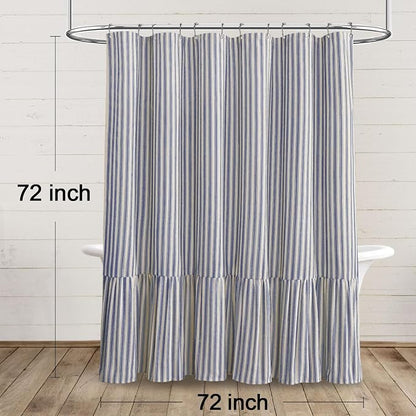 Farmhouse Shower Curtain Ruffle Linen Cream-Blue Stripe 72"W x 72"L | Farmhouse Boho, Striped, Bottom Ruffle, Linen Fabric, Rustic, Country, Natural Look, Washable, for Bathroom Bathtub