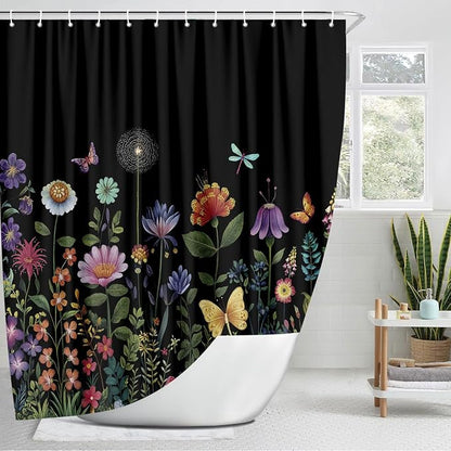 Black Floral Shower Curtain, Cute Colorful Wildflower Aesthetic Shower Curtain for Bathroom, Dark Flowers Rustic Farmhouse Botanical Vintage Shower Curtains with Hooks 72X72 Inch Gothic Witchy Plant