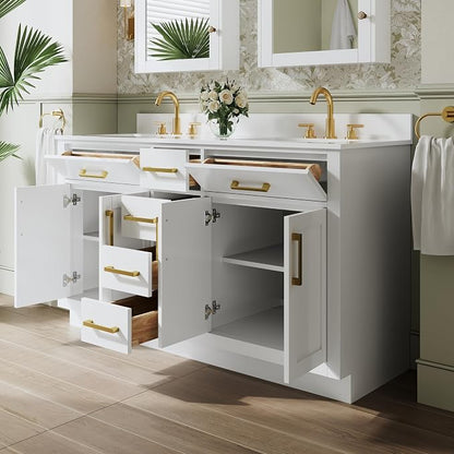 60-Inch Bathroom Vanity with Double Sinks W/ 4 Doors & 4 Drawers & 2 Flip Drawers, White Vanity W/Brushed Gold Handles