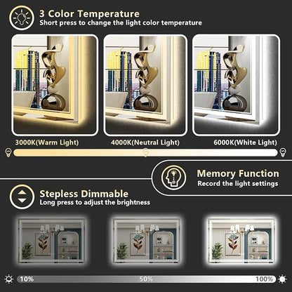 55x30 LED Bathroom Mirror, Backlit & Front Lit Lighted Mirror | Anti-Fog Vanity Mirror with Lights, 3 Color Dimmable, Memory, Shatterproof, Tempered Glass, CRI95, UL Listed, Wall Mounted