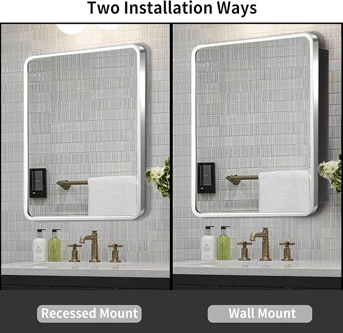 Movo 24x30 Inch Black Metal Framed Bathroom Mirror Medicine Cabinet Rectangle Tilting Beveled Vanity Mirrors Recess or Surface Mount Installation Chrome