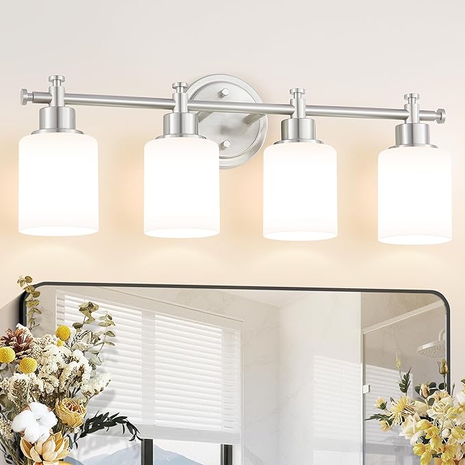 4 Light Bathroom Vanity Light, 23 In Brushed Nickel Vanity Light Fixture | Modern Anti-Rust Wall Sconce over Mirror with White Frosted Glass Shade, Bathroom, Hallway, 23 In, E26(Bulbs Not Included)