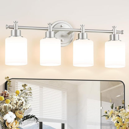 4 Light Bathroom Vanity Light, 23 In Brushed Nickel Vanity Light Fixture | Modern Anti-Rust Wall Sconce over Mirror with White Frosted Glass Shade, Bathroom, Hallway, 23 In, E26(Bulbs Not Included)