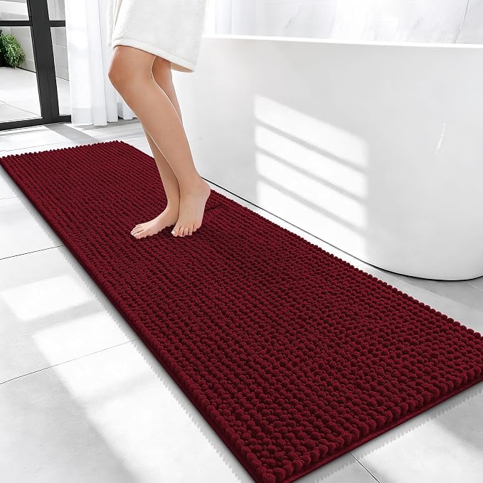 OLANLY Thick Chenille Bathroom Runner Rugs Mats 59x20, Burgundy | Soft Absorbent Bath Rugs, Rubber Backing, Machine Wash Dry, Bath Mats for Bathroom, Tub and Shower, Home Decor Accessories