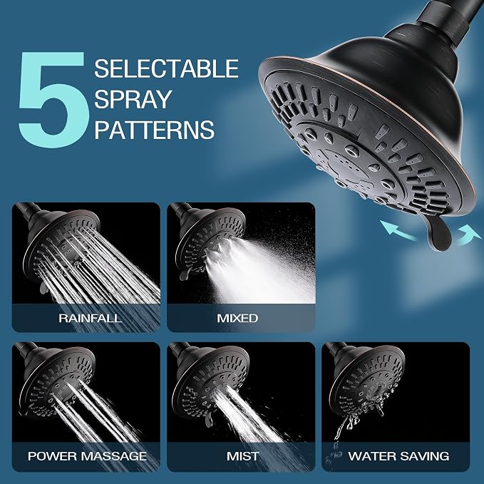 BRIGHT SHOWERS Shower Head High Pressure Rain Showerhead 5 Spray Setting Fixed Shower Head Angle Adjustable Bathroom Showerhead, Oil Rubbed Bronze