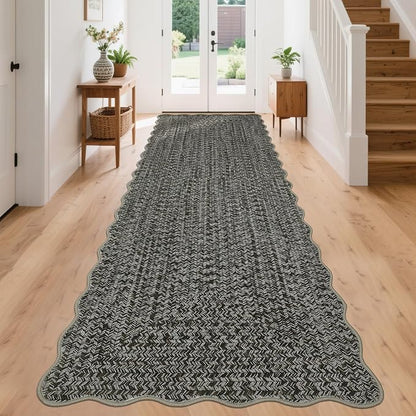 Imitation Braided Collection-Print Long Hallway Runners 2x10 Washable Area Rug, Farmhouse Rustic Bordered Area Rug Non Slip Soft Low Pile Indoor Carpet Runners for Entryways, Laundry Room
