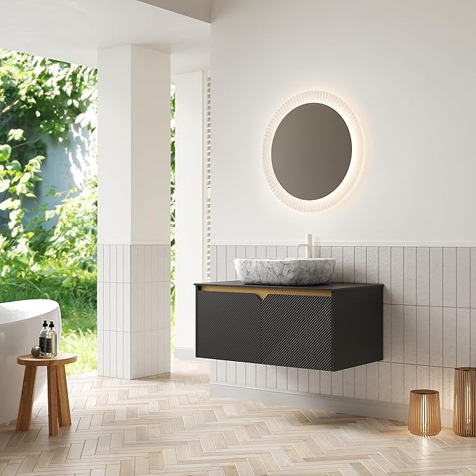 36 Inch Bathroom Vanity with Sink, Floating Fluted Vanity with Vessel Sink, Modern Bathroom Vanity Cabinet with 2 Doors with Metal Trim, Oval Marble Sink & Sintered Stone Top, Black