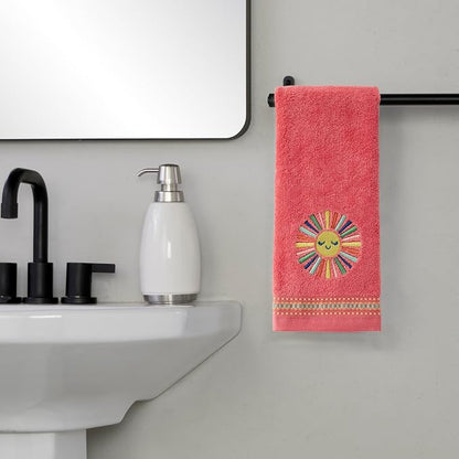 SKL Home Colorful Sun Hand Towel Set-2pc, 100% Cotton, Embroidered, Coral | Soft, decorative velour for summer fun & everyday decor. For use in the bathroom, kitchen or bar.