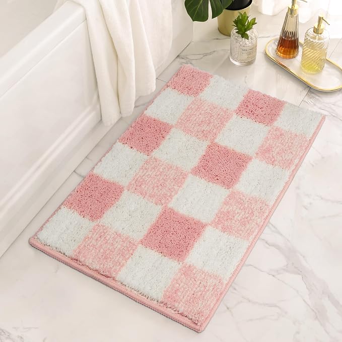 GRANNY SAYS Checkered Pink Bathroom Rug, 24" x 16", Cute Bath Mat | Soft Microfiber Bath Décor Rug, Absorbent, Machine Washable, Non slip TPR Backing, Fun bathroom rugs for Kid, Girl, Teen