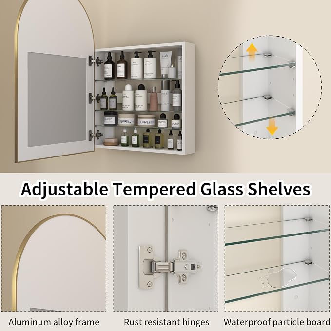 Gold Medicine Cabinet with Mirror,Bathroom Arched Medicine Cabinet Wall Mounted,Modern Vanity Mirror with Storage,Bathroom Storage Cabinet with Adjustable Shelves,Not Recessed,24x36 Inch
