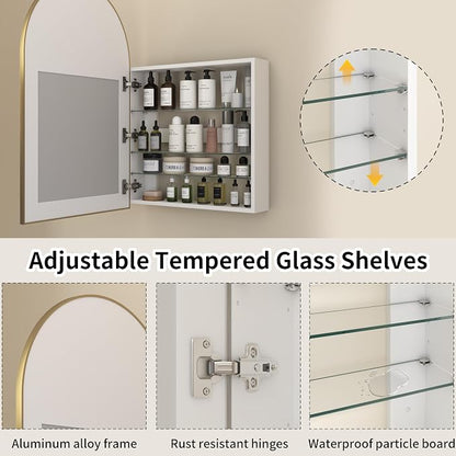 Gold Medicine Cabinet with Mirror,Bathroom Arched Medicine Cabinet Wall Mounted,Modern Vanity Mirror with Storage,Bathroom Storage Cabinet with Adjustable Shelves,Not Recessed,24x36 Inch