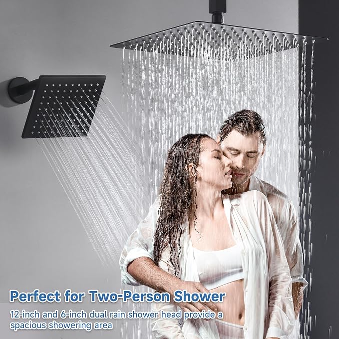 Dual Rainfall Shower Head System, Push Button Shower Faucet Set with 12" Ceiling Mount Rain shower head and 6" Wall Mount Shower Head, Pressure Balance Rough-in Valve (Matte Black)
