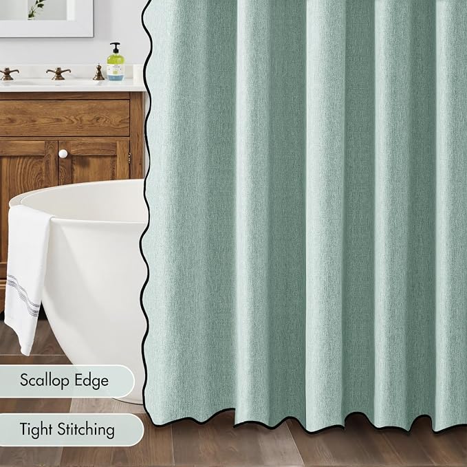 MIULEE 72"x84" Extra Long Scalloped Linen Shower Curtain Seafoam Green | Linen Textured, Waterproof, Washable, 12 Metal Hooks, Heavy Duty Cloth, Black Border, Shower Curtain for Bathroom Bathtub