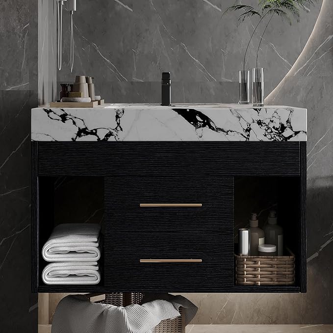 30" Bathroom Vanity with Sink Set, Modern Black Wall Mounted Bathroom Vanity Cabinet with Sintered Stone Top&Gold Handle 2 Drawers&2 Open Storage, Single Sink Floating Bathroom Vanity