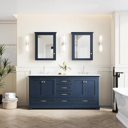 WELLFOR 72 Inch Bathroom Vanity with Double Sinks, Solid Wood Bathroom Vanity W/4 Soft-Close Doors and 6 Drawers, Cultured Marble Countertop Bathroom Vanities W/Two Sinks, (Navy Blue)
