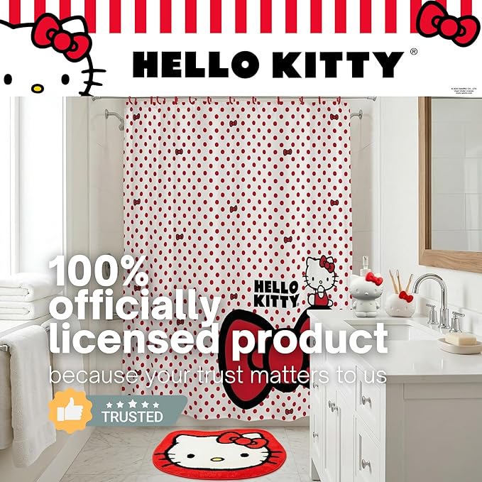 Sanrio Hello Kitty 13-Piece Shower Curtain Set, 72" x 70" Fabric Curtain with Hooks, Polka Dot Kawaii Bathroom Decor, Machine Washable, (100% Officially Licensed Product) by Franco Collectibles