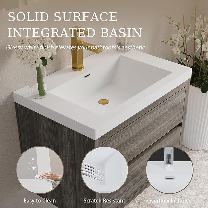 Modern 30" Wall-Mounted Bathroom Vanity with Sink | Floating Storage Cabinet, Stone Resin Countertop, Soft Close Drawers | Ash Grey