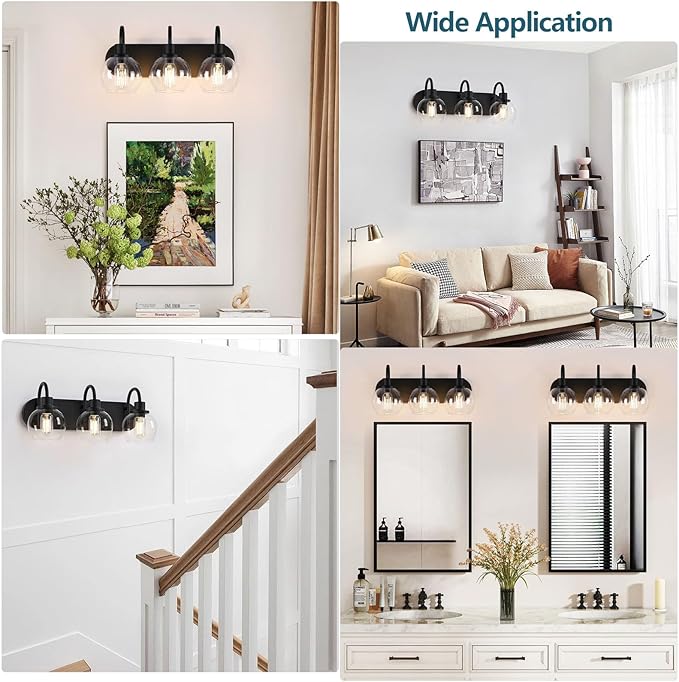 Bathroom Vanity Light,Modern 3-Light Bathroom Lighting Fixtures Over Mirror with Clear Glass Shade and Metal Base,Matte Black Bathroom Lighting