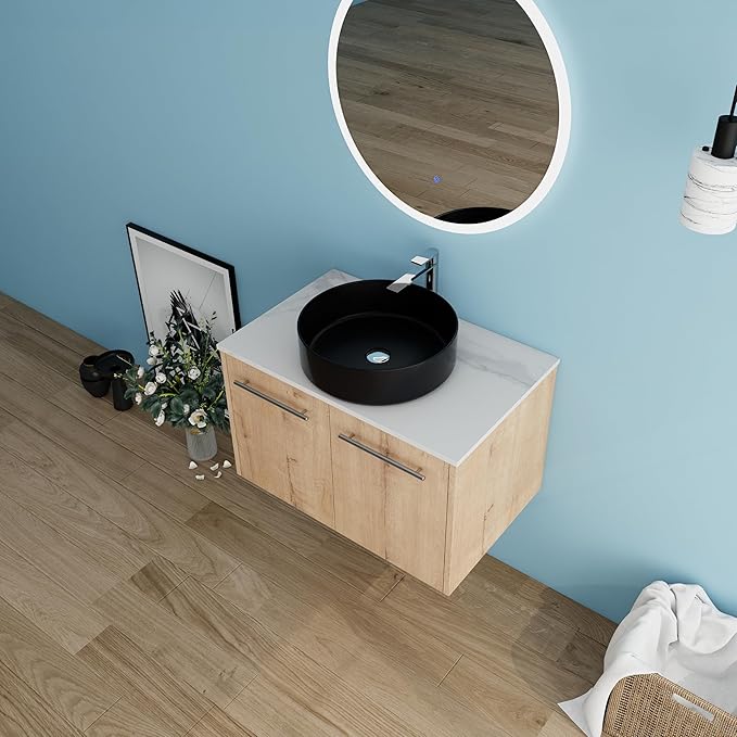 30" Floating Vanity with Sink, 30 Inch Bathroom Vanity with Sink, Modern Plywood Floating Cabinet with Sintered Stone Countertop and Black Ceramic Basin, Soft Close Doors