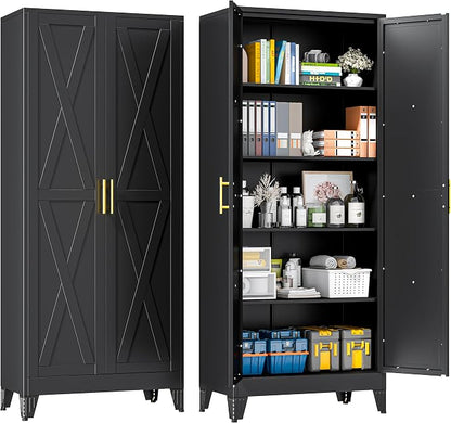 71" Metal Storage Cabinet with 2 Doors and 4 Adjustable Shelves,Black Farmhouse Kitchen Pantry Cabinet,Steel Garage Tool Cabinet,File Cabinetfor Home,Office,Dinning Living Room,Warehouse
