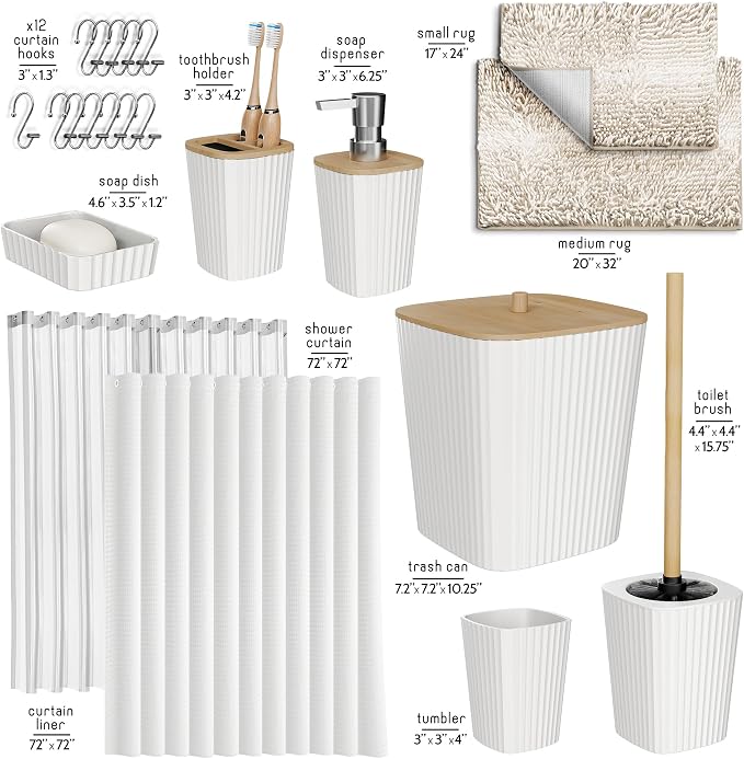 Clara Clark Bathroom Accessories Set - Bathroom Set, Bathroom Sets with Shower Curtain and Rugs, Shower Curtain Set with Bathroom Trash Can - Ombre White - 22PC | 22 Piece Ombre White Bathroom Accessories Set with Toothbrush Holder, Soap Dispenser, Soa...