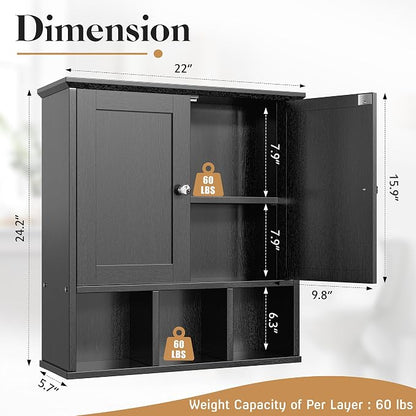 Bathroom Wall Cabinet, Bathroom Cabinet Wall Mount with 2 Doors and 3 Open Shelves, Over the Toilet Wood Medicine Cabinets for Laundry Room, Black