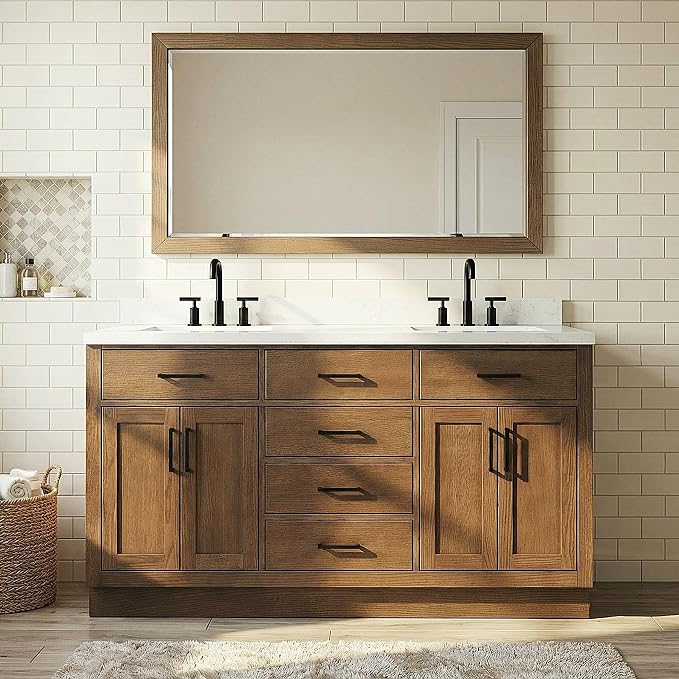 Isabella 66-Inch Brown Oak Double Bathroom Vanity with Sink, 1.5-Inch Edge Carrara White Quartz Countertop & 4" Backsplash, Soft-Closing Doors & Drawers, Solid Oak Wood Construction