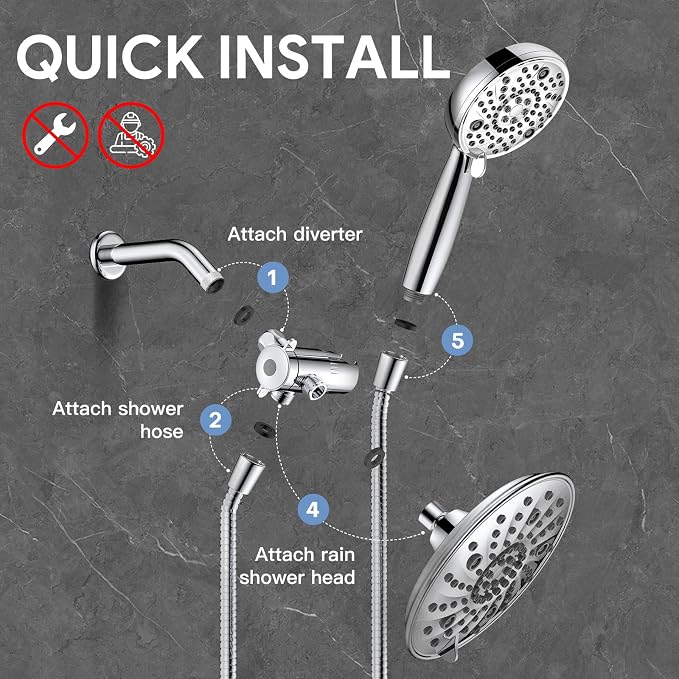 FEELSO Shower Head with Handheld Spray, 8" High Pressure Rain Showerhead | 7+8 Modes Dual Shower Head Combo, Anti-Clog Nozzles, 71" Hose Extra Long, Adjustable Holder, Shower Separately or Together