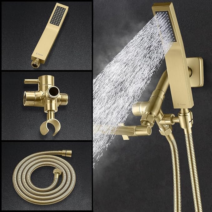 G-Promise All Metal 8-Inch Dual Square Shower Head Combo, Rain Shower Head, Handheld Shower Wand with 71-Inch Extra Long Hose, 3-Way Diverter, Adjustable Extension Arm, Brushed Gold | Built to Last, Easy Install, Adjustable Height & Angle for All Heigh...