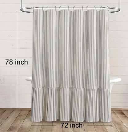 Farmhouse Shower Curtain Ruffle Linen Cream-Grey Stripe 72"W x 78"L | Farmhouse Boho, Striped, Bottom Ruffle, Linen Fabric, Rustic, Country, Natural Look, Washable, for Bathroom Bathtub