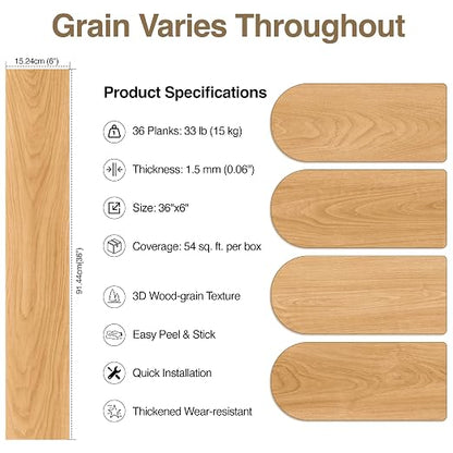 MULGREAT Peel and Stick Floor Tile, 54 Sq.Ft Waterproof Vinyl Flooring, 36 Pieces Wood-Look Self Adhesive Luxury Vinyl Plank Flooring for DIY Bathroom Laundry Bedroom RV Kitchen (Warm Oak)