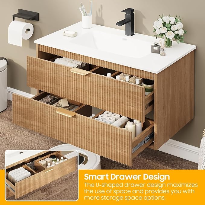 Vabches 30 Inch Bathroom Vanity with Sink, Wood Grain Wall Mounted Vanity with 2 Storage Darwers, Floating Bathroom Vanity with Storage, Bathroom Floating Vanity with Sink, Faucet, Drain, Oak