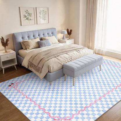 Garvee Washable 5x7 Area Rugs for Living Room, Baby Blue Checkered Cherry | Coquette Aesthetic Decor Non Slip Soft Bedroom Rugs Foldable Low Pile Stain Resistant Carpet for Playroom Nursery Girls Room