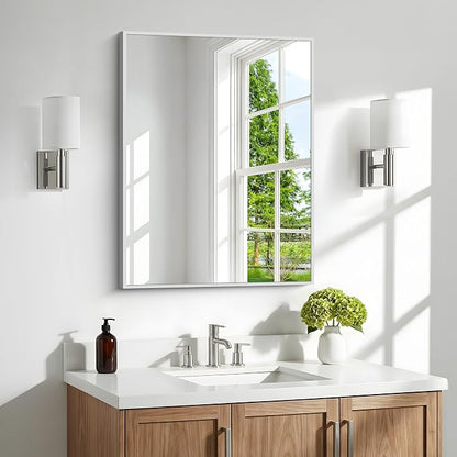 BONEWEI Silver Bathroom Mirror,24x30 inch Wall Mirror for Bathroom Wall Mounted,Rectangle Mirror for Bathroom Over Sink,Modern Metal Frame for Living Room,Bedroom Entryway,Horizontal/Vertical