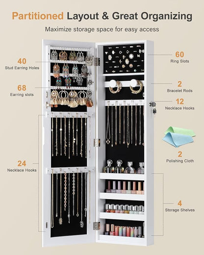 Nicetree Jewelry Cabinet Armoire, Hanging Jewelry Organizers and Storage, Lockable Jewelry Cabinet with Full-Length Mirror, Wall or Door Mount Jewelry Mirror Cabinet, Shelves, Polishing Cloth