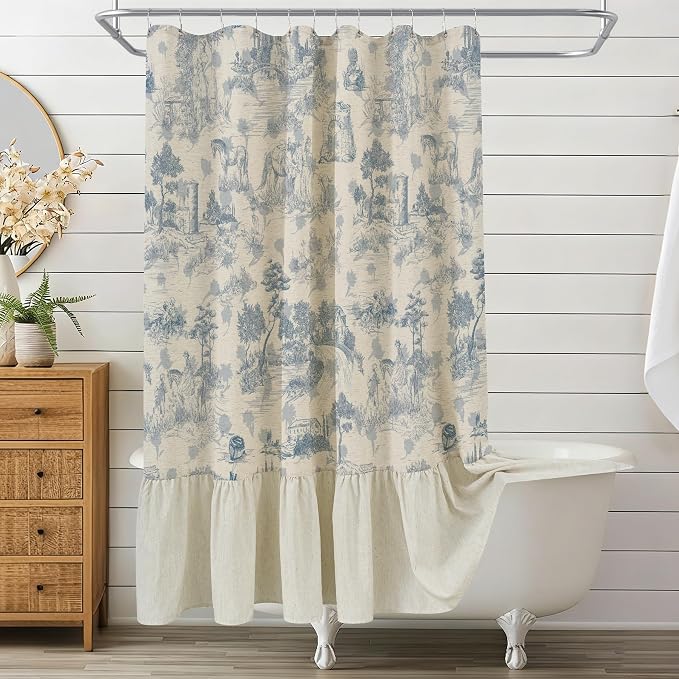 ORTIGIA Ruffle Linen Shower Curtain with Metal Hooks 72x72 Inch, Blue and White Toile de Jouy for Vintage French Country Waterproof Bathroom Decor Chateau Toile Pattern