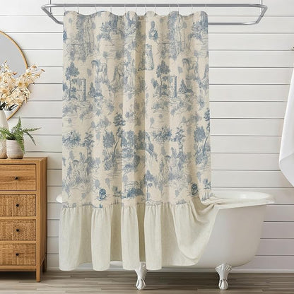 ORTIGIA Ruffle Linen Shower Curtain with Metal Hooks 72x72 Inch, Blue and White Toile de Jouy for Vintage French Country Waterproof Bathroom Decor Chateau Toile Pattern