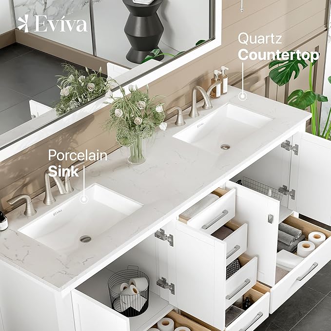 Eviva Aberdeen 72 in. White Double Sink Bath Vanity with Carrara Quartz Top and Undermount Porcelain Sinks