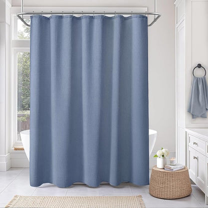 Long Waffle Shower Curtain Heavyweight Cotton Fabric Moonlight Blue 72Wx78L | Soft Cotton Cloth,3D Square Truely Waffle Washable, Hotel Luxury Spa, Shower Curtain Set for Bathroom 12 Plastic Hooks