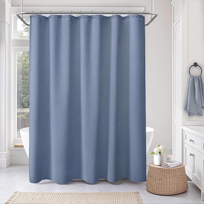 Long Waffle Shower Curtain - Moonlight Blue Cotton Texture Fabric Heavyweight Shower Curtain for Bathroom,72Wx78L