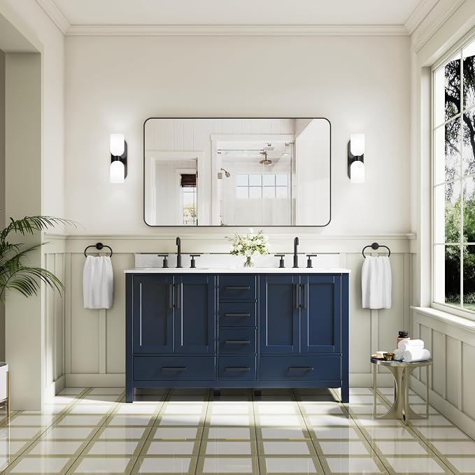 60-Inch Bathroom Vanity with Sink, 4 Soft-Close Doors and 6 Soft-Close Drawers, Bathroom Freestanding Vanity with Cultured Marble Countertop, Navy Blue Vanity with Matte Black Handles