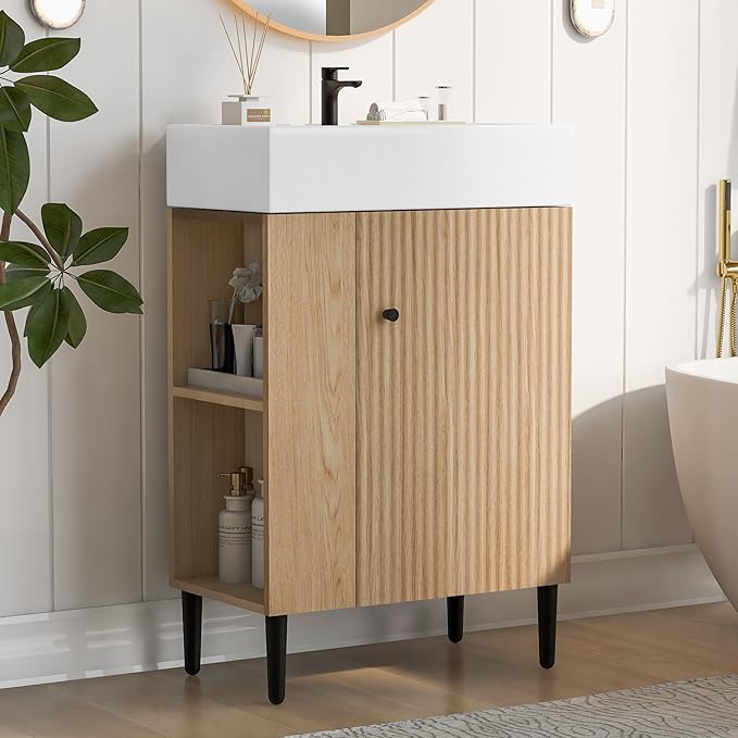21.6 in Small Bathroom Vanity with Sink,Doors and Storage Shelves,Wood Modern Single Fluted Bathroom Sink Cabinet Freestanding (Natural Wood,Left Shelf)
