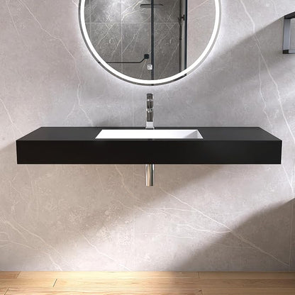 47"X19" Bathroom Sink with Single Faucet Hole, Stone Resin Wall-Mount or Floating Sink, Rectangle Solid Surface Countertop Vessel Sink with Mounting Brackets
