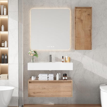 30 Inch Floating Bathroom Vanity with Sink, Modern Wall-Mounted Bathroom Cabinet with Resin Sink & Soft Close Drawer, Split-Level Layout (Nature Oak, 30"+1 Side Cabinet)