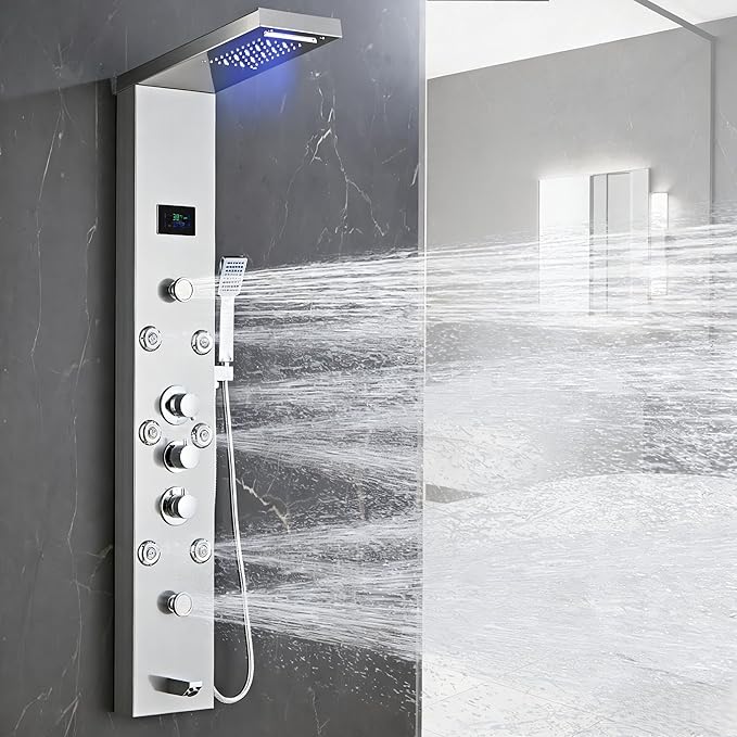 LED 5-in-1 Shower Panel Tower System,Brushed Grey | 304 Stainless Steel Shower Panel Tower Column with Powerful Body Jets, Rainfall, Waterfall,Handheld and Tub Spout