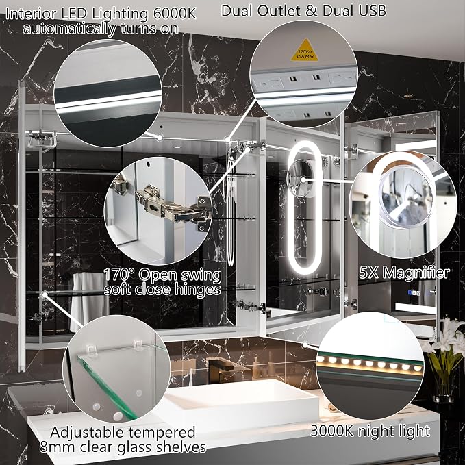 Smart LED Medicine Cabinet with Mirror, 48W×36H Inch Bathroom Storage Medicine Cabinet, 3 Color Stepless Dimming & Anti-Fog, 5X Magnifier, Night Light, 3 Doors, DTC Soft-Close Hinges